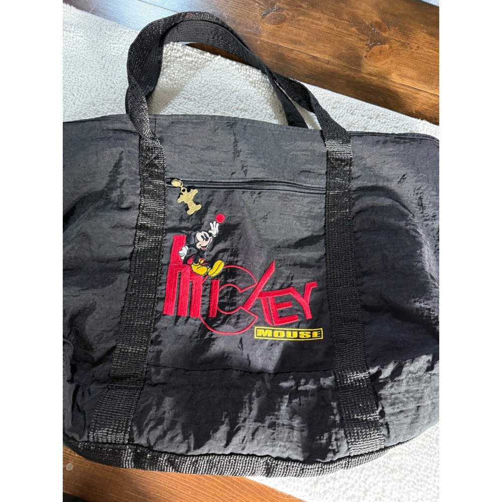 Disney Mickey Mouse Vintage Black Nylon‎ Tote Bag Embroidered Large Shoulder Bag